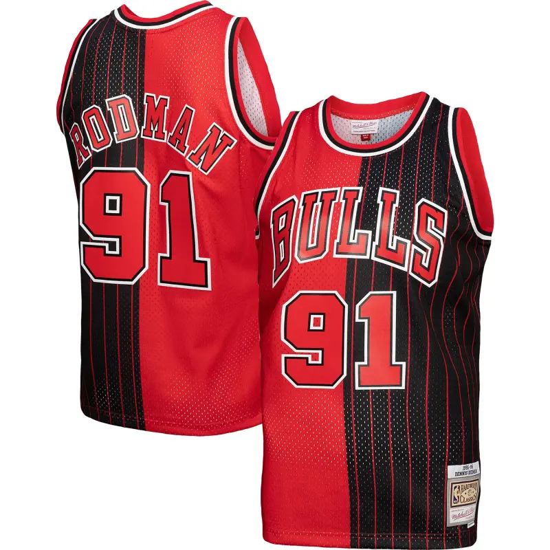 men8217s chicago bulls dennis rodman mitchell amp ness redblack hardwood classics 199596 split swingman jersey